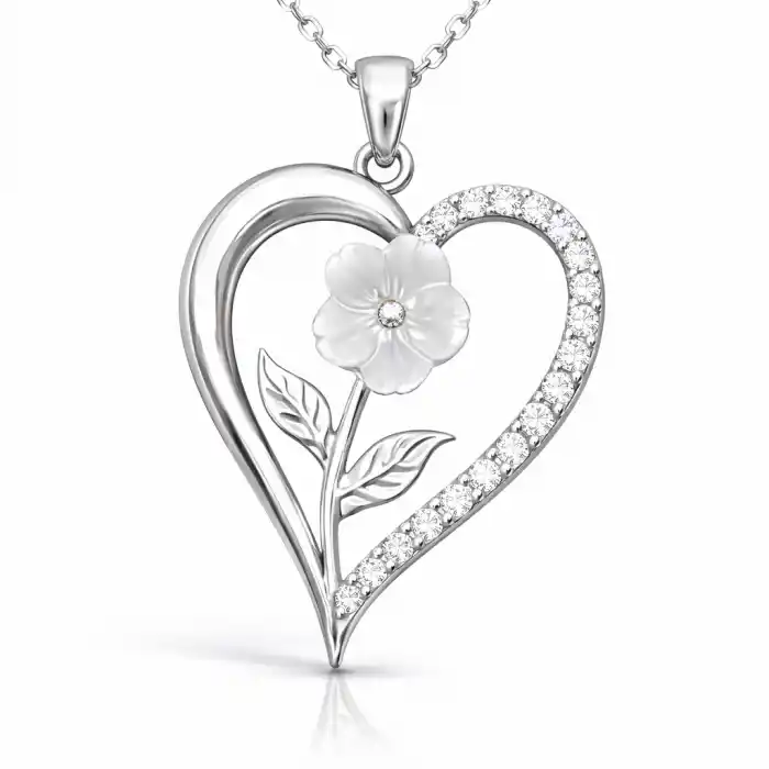Gümüş Kalpli Beyaz Gül Kadın Kolye