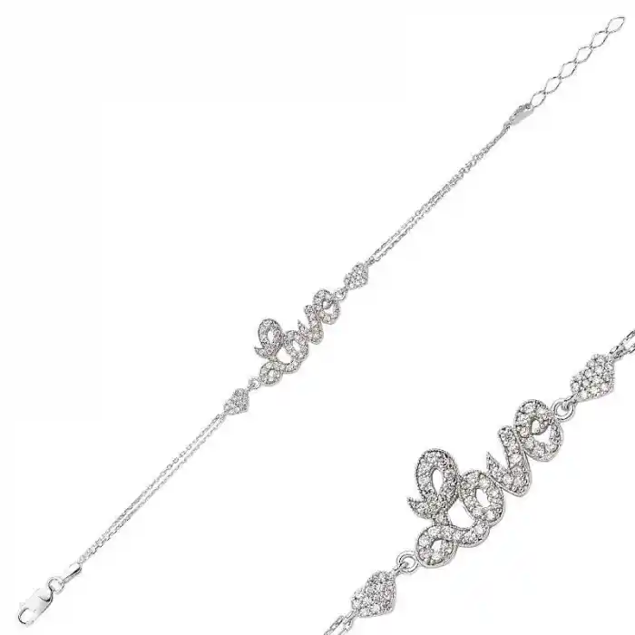 Gümüş Kalpli Love Yazılı Bayan Bileklik