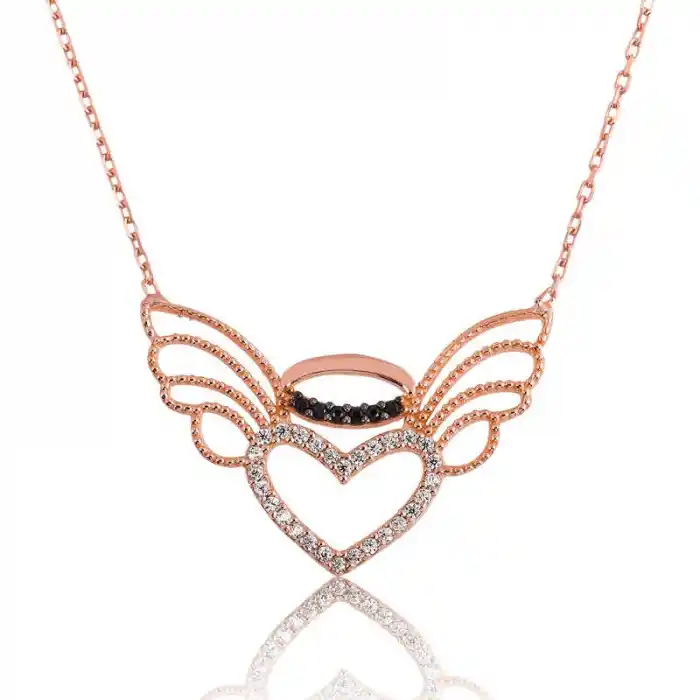 Gümüş Kalpli Melek Kanadı Bayan Kolye