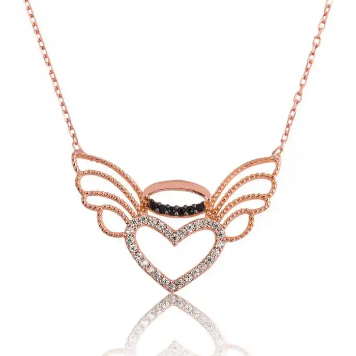 Gümüş Kalpli Melek Kanadı Bayan Kolye