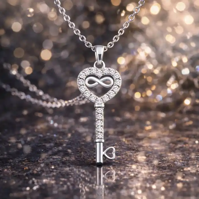 Gümüş Kalpli Sonsuzluk Anahtar Kadın Kolye