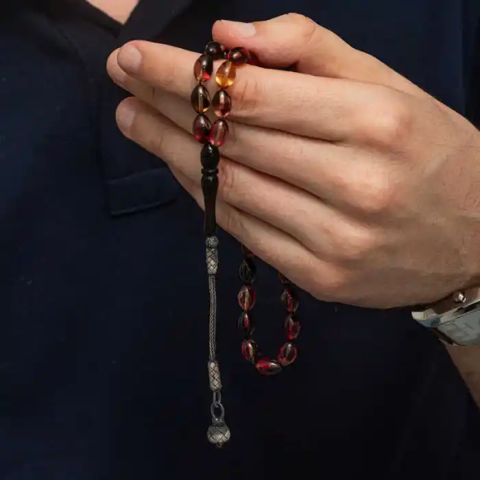 Gümüş Kazaz Püsküllü Sarı Siyah Kırmızı Sıkma Kehribar Tesbih