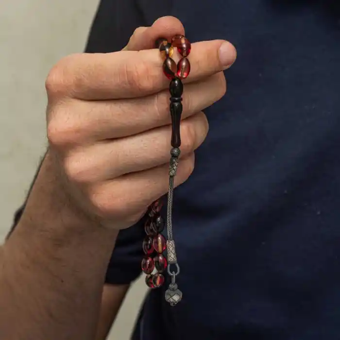 Gümüş Kazaz Püsküllü Sarı Siyah Kırmızı Sıkma Kehribar Tesbih