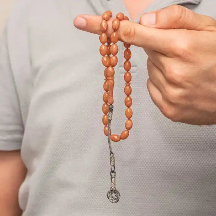 Gümüş Kazaz Püsküllü Sıkma Kehribar Tesbih