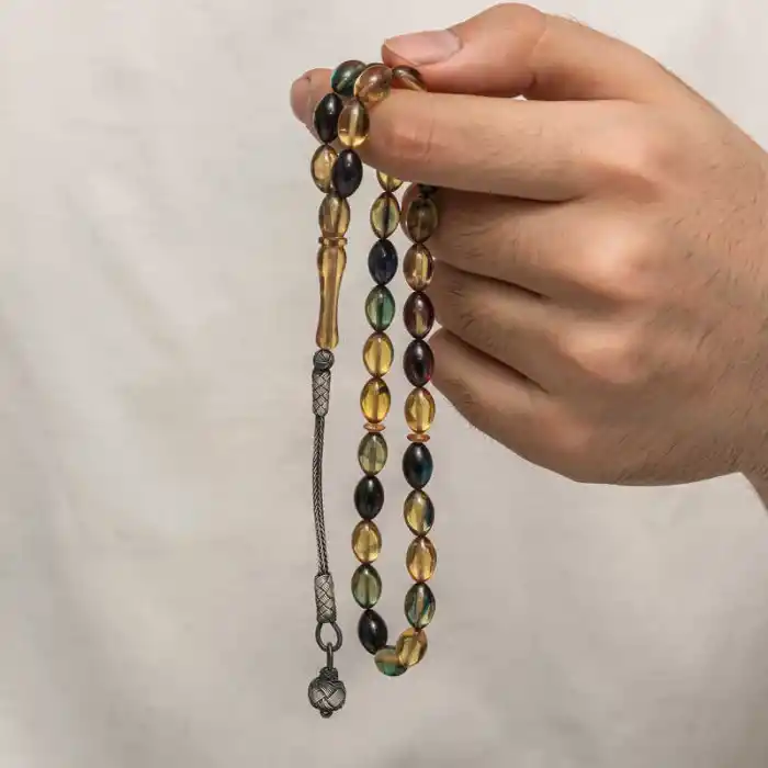 Gümüş Kazaz Püsküllü Sıkma Kehribar Tesbih