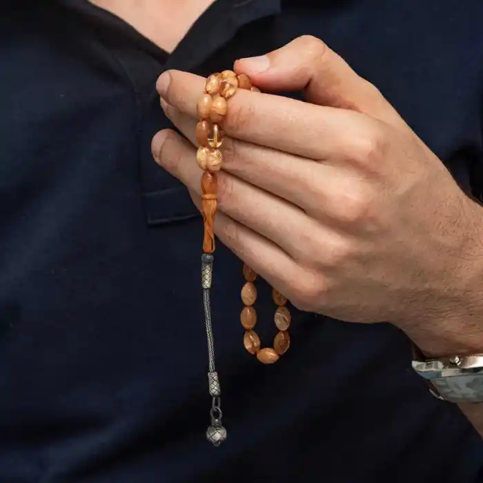 Gümüş Kazaz Püsküllü Sıkma Kehribar Tesbih