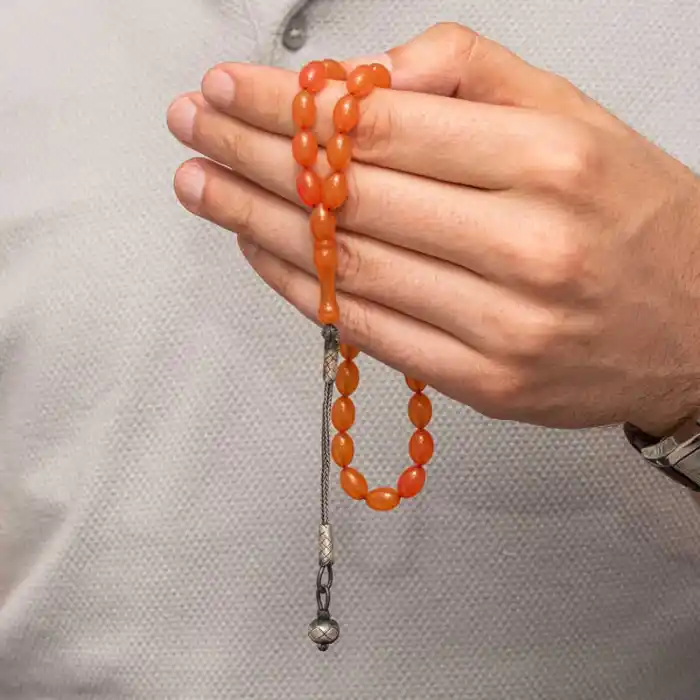 Gümüş Kazaz Püsküllü Sıkma Kehribar Tesbih