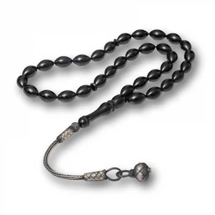 Gümüş Kazaz Püsküllü Siyah Sıkma Kehribar Tesbih