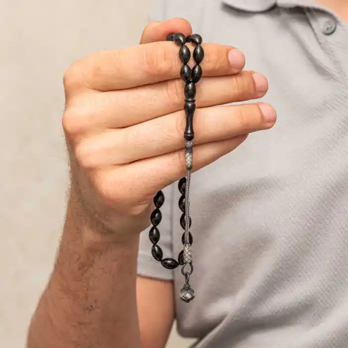 Gümüş Kazaz Püsküllü Siyah Sıkma Kehribar Tesbih