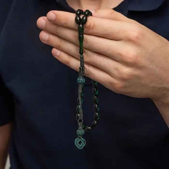 Gümüş Kazaz Püsküllü Yeşil Sıkma Kehribar Tesbih