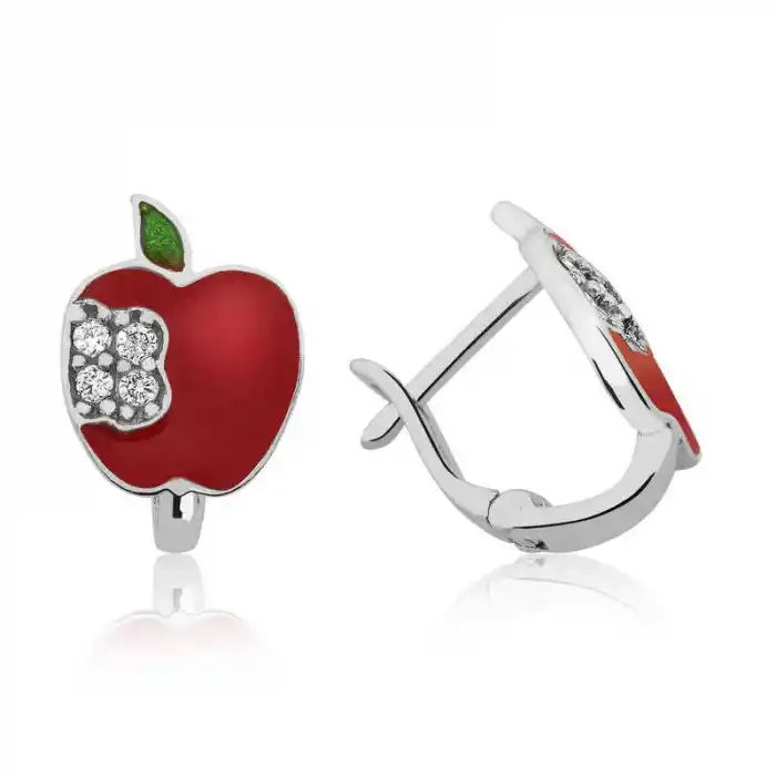 Gümüş Kırmızı Elma Çoçuk Küpesi