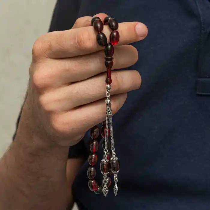 Gümüş Kırmızı Siyah Ateş Kehribar Tesbih