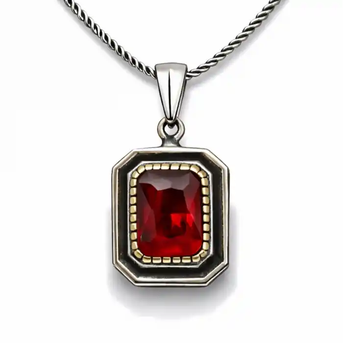 Gümüş Kırmızı Taşlı Dikdörtgen Kadın Kolye