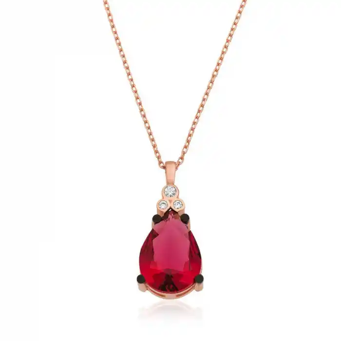 Gümüş Kırmızı Topaz Damla Kolye