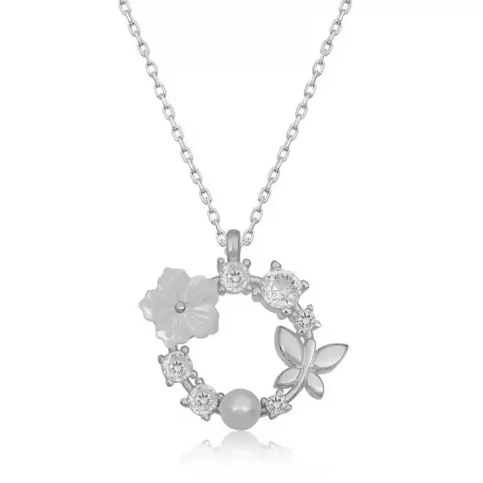 Gümüş Manolya Çiçeği Kelebek Kadın Kolye