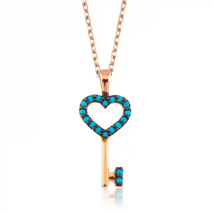 Gümüş Mavi Kalpli Anahtar Bayan Kolye