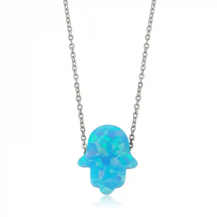 Gümüş Mavi Opal Fatma Eli Bayan Kolye