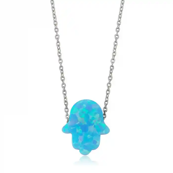 Gümüş Mavi Opal Fatma Eli Bayan Kolye