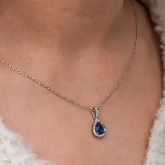 Gümüş Mavi Taşlı Damla Kadın Kolye