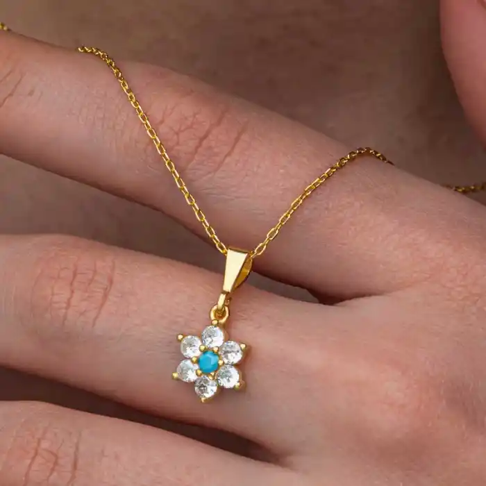 Gümüş Mavi Taşlı Gold Çiçek Kadın Kolye