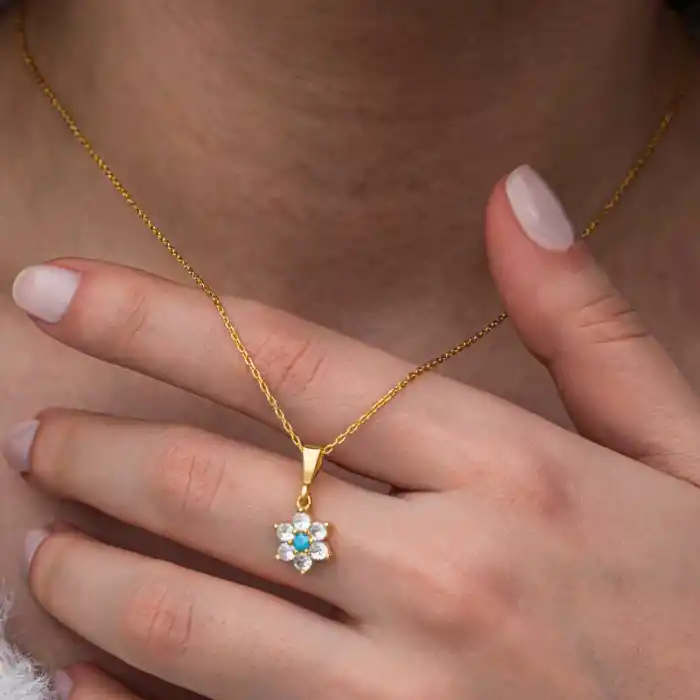 Gümüş Mavi Taşlı Gold Çiçek Kadın Kolye