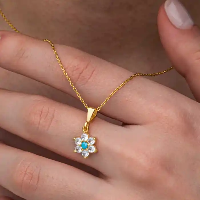 Gümüş Mavi Taşlı Gold Çiçek Kadın Kolye