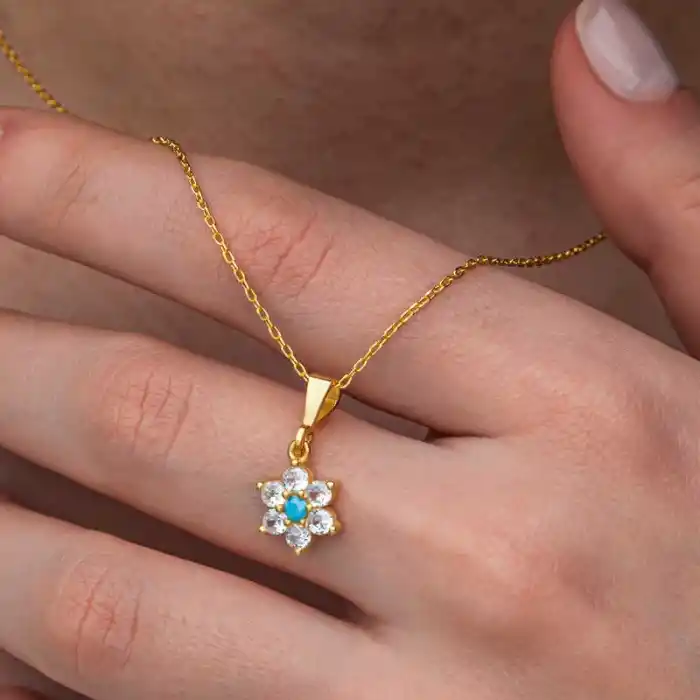 Gümüş Mavi Taşlı Gold Çiçek Kadın Kolye