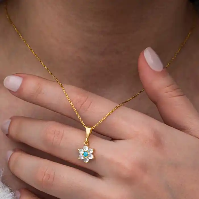 Gümüş Mavi Taşlı Gold Çiçek Kadın Kolye