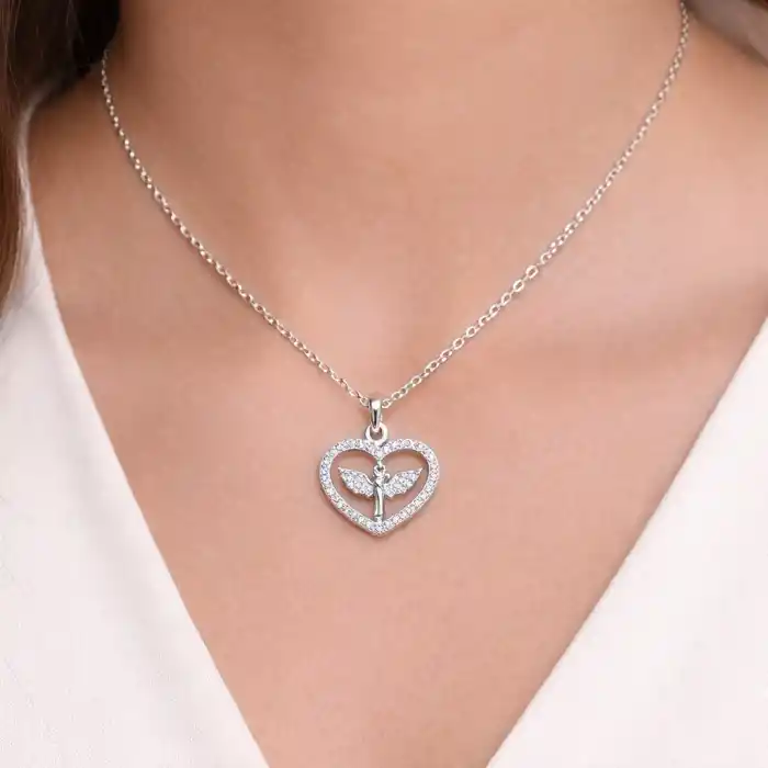 Gümüş Mikail Meleği Figürlü Kalp Kadın Kolye