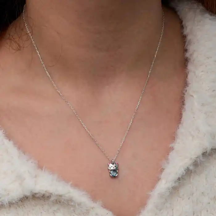 Gümüş Mistik Topaz Taşlı Sevimli Kedi Kolye
