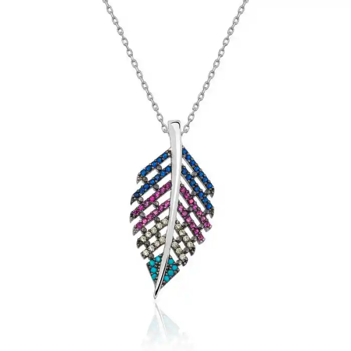 Gümüş Mix Taşlı Yaprak Kolye