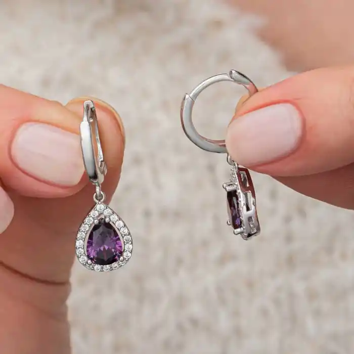 Gümüş Mor Zirkon Taşlı Damla Kadın Küpe