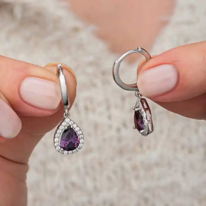 Gümüş Mor Zirkon Taşlı Damla Kadın Küpe