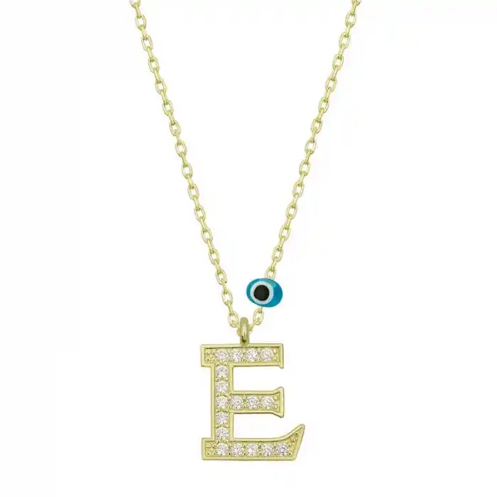 Gümüş Nazar Gold E Harfi Kadın Kolye
