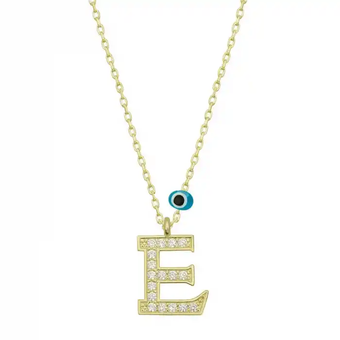Gümüş Nazar Gold E Harfi Kadın Kolye