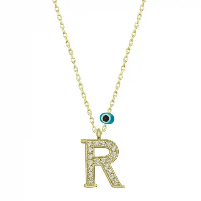 Gümüş Nazar Gold R Harfi Kadın Kolye