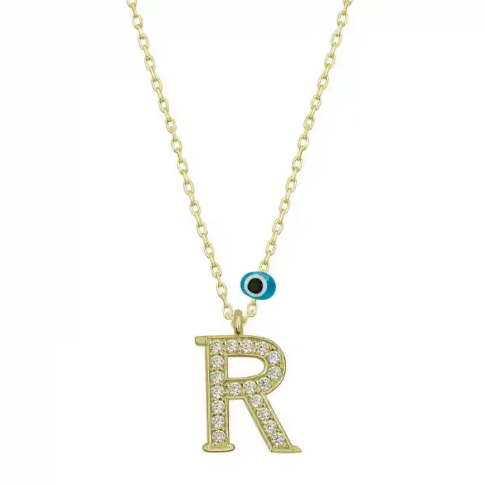 Gümüş Nazar Gold R Harfi Kadın Kolye