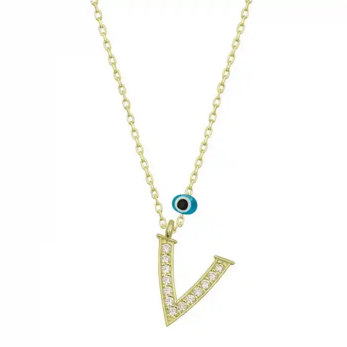 Gümüş Nazar Gold V Harfi Kadın Kolye