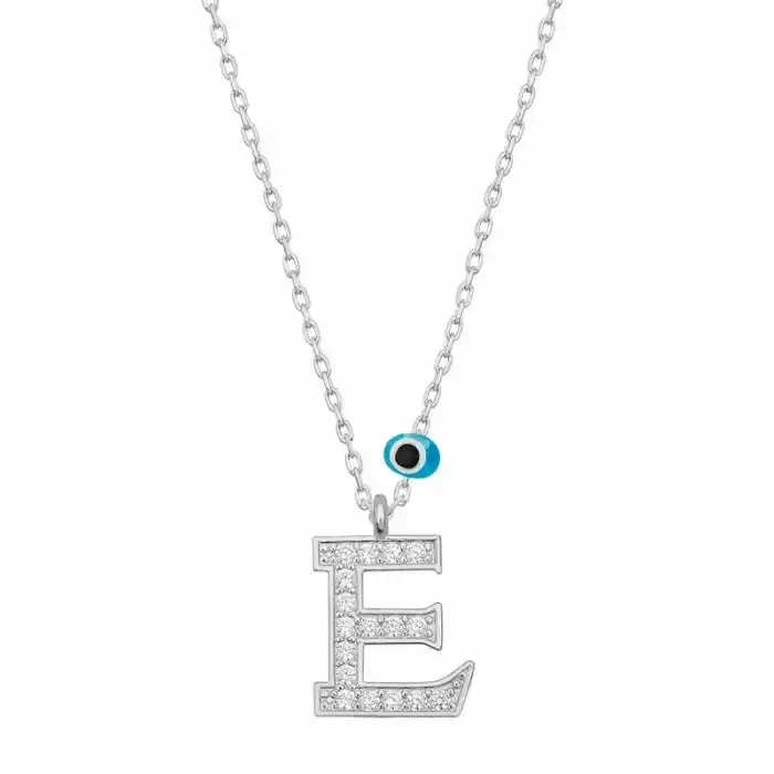 Gümüş Nazar Rodyum E Harfi Kadın Kolye