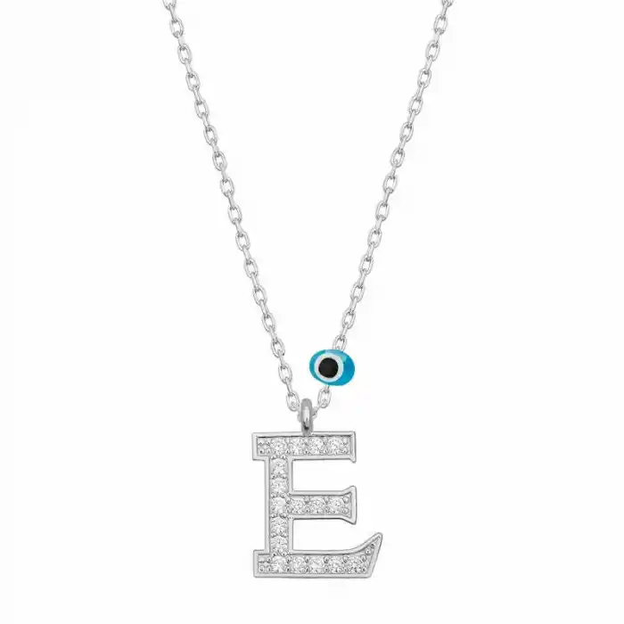 Gümüş Nazar Rodyum E Harfi Kadın Kolye
