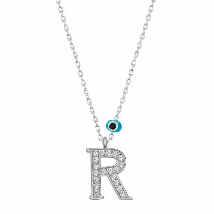 Gümüş Nazar Rodyum R Harfi Kadın Kolye
