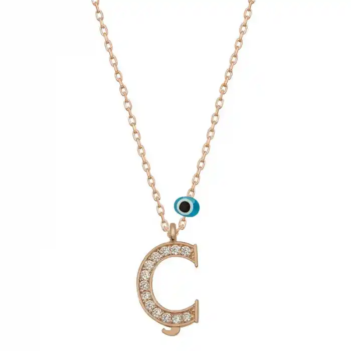 Gümüş Nazar Rose Ç Harfi Kadın Kolye