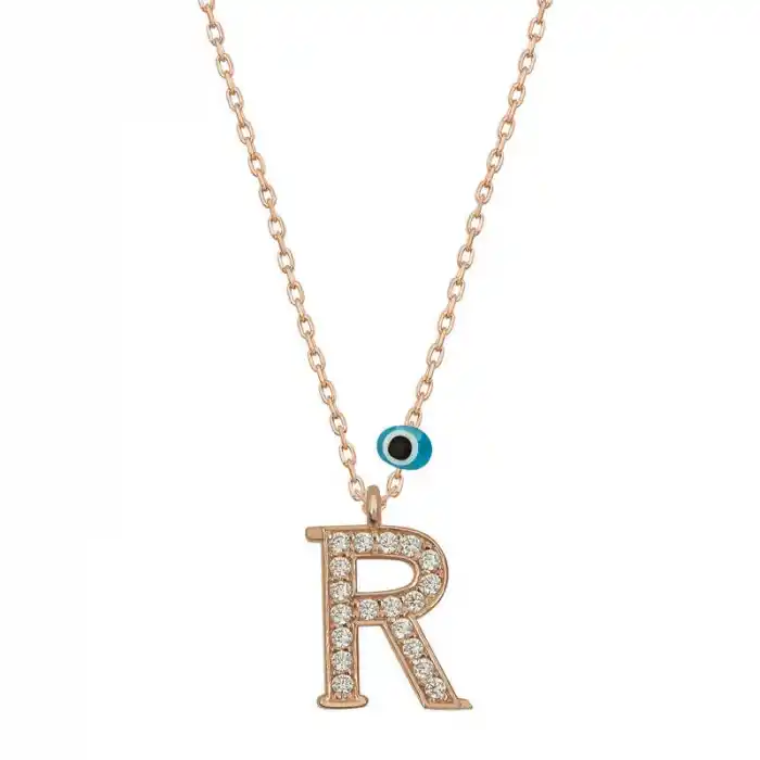 Gümüş Nazar Rose R Harfi Kadın Kolye