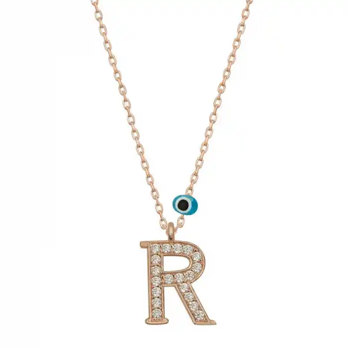 Gümüş Nazar Rose R Harfi Kadın Kolye