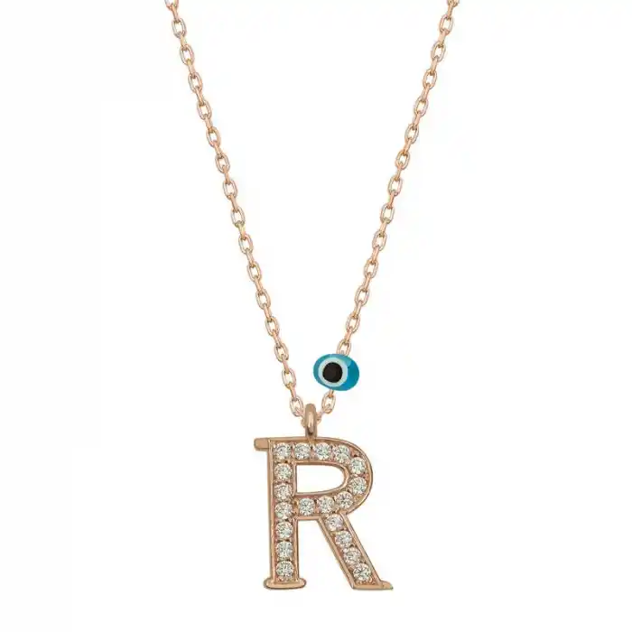Gümüş Nazar Rose R Harfi Kadın Kolye