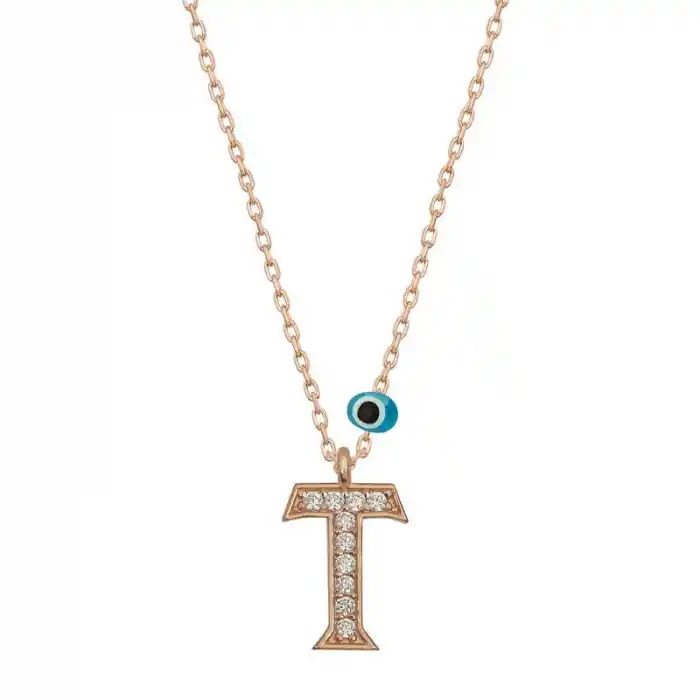 Gümüş Nazar Rose T Harfi Kadın Kolye