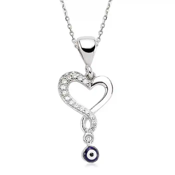 Gümüş Nazarlı Bayan Kalp Kolye