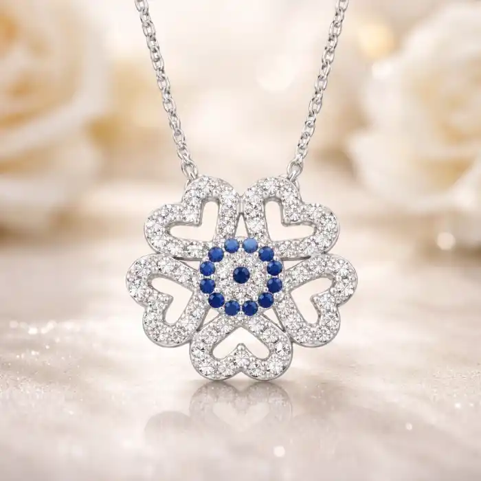 Gümüş Nazarlı Kalp Bayan Kolye