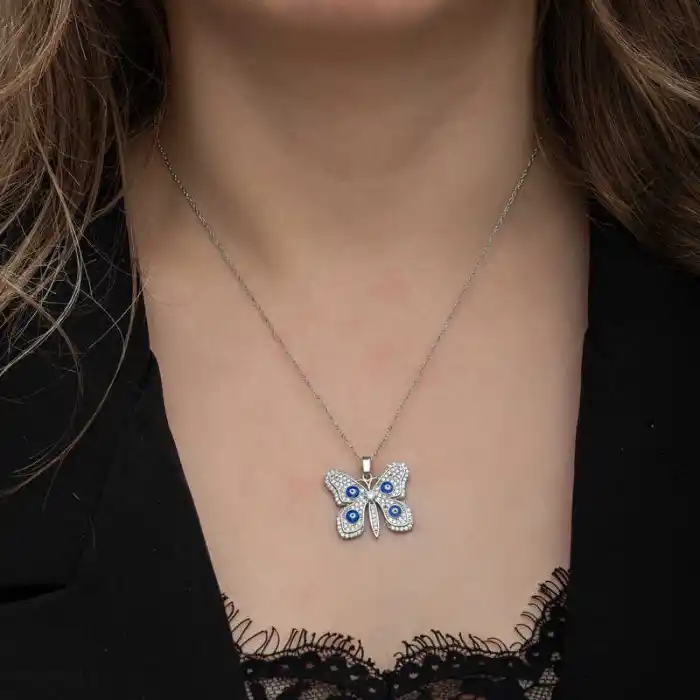 Gümüş Nazarlı Kelebek Kadın Kolye