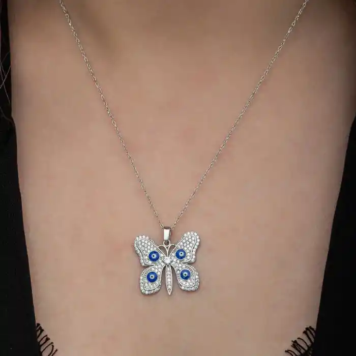 Gümüş Nazarlı Kelebek Kadın Kolye